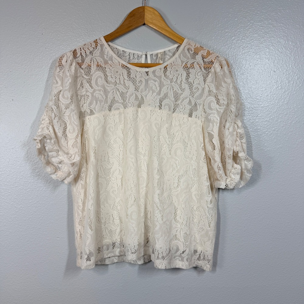 Anthropologie Top Womens Medium Ivory Lace Short Sleeve Blouse Boho Romantic